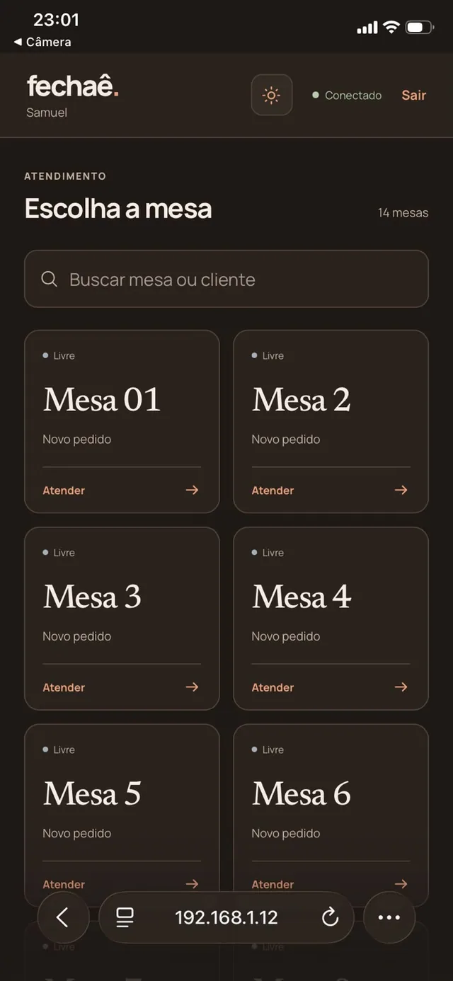 Seleção de mesa no atendimento mobile do Fechaê.