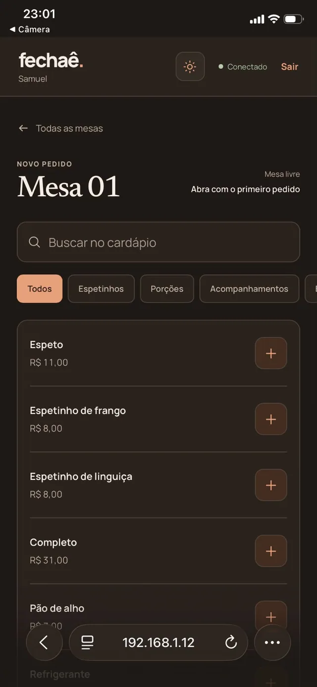 Inclusão de produtos no pedido mobile do Fechaê.