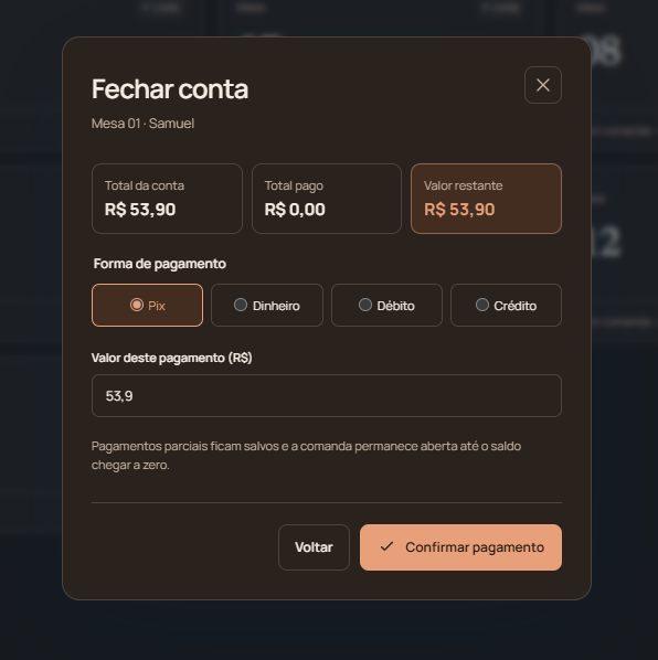 Janela de fechamento da Mesa 01 no Fechaê com total, valor restante e formas de pagamento.